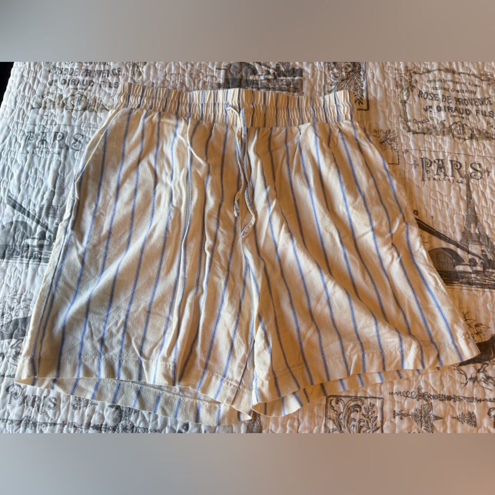 Bettina Star Blue White Striped Shorts Linen Blend Smocked Waist Tie Front